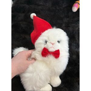 Vintage Mervyn's  Persian White Cat 9" Plush Wearing Hat Red Neck Bow Christmas